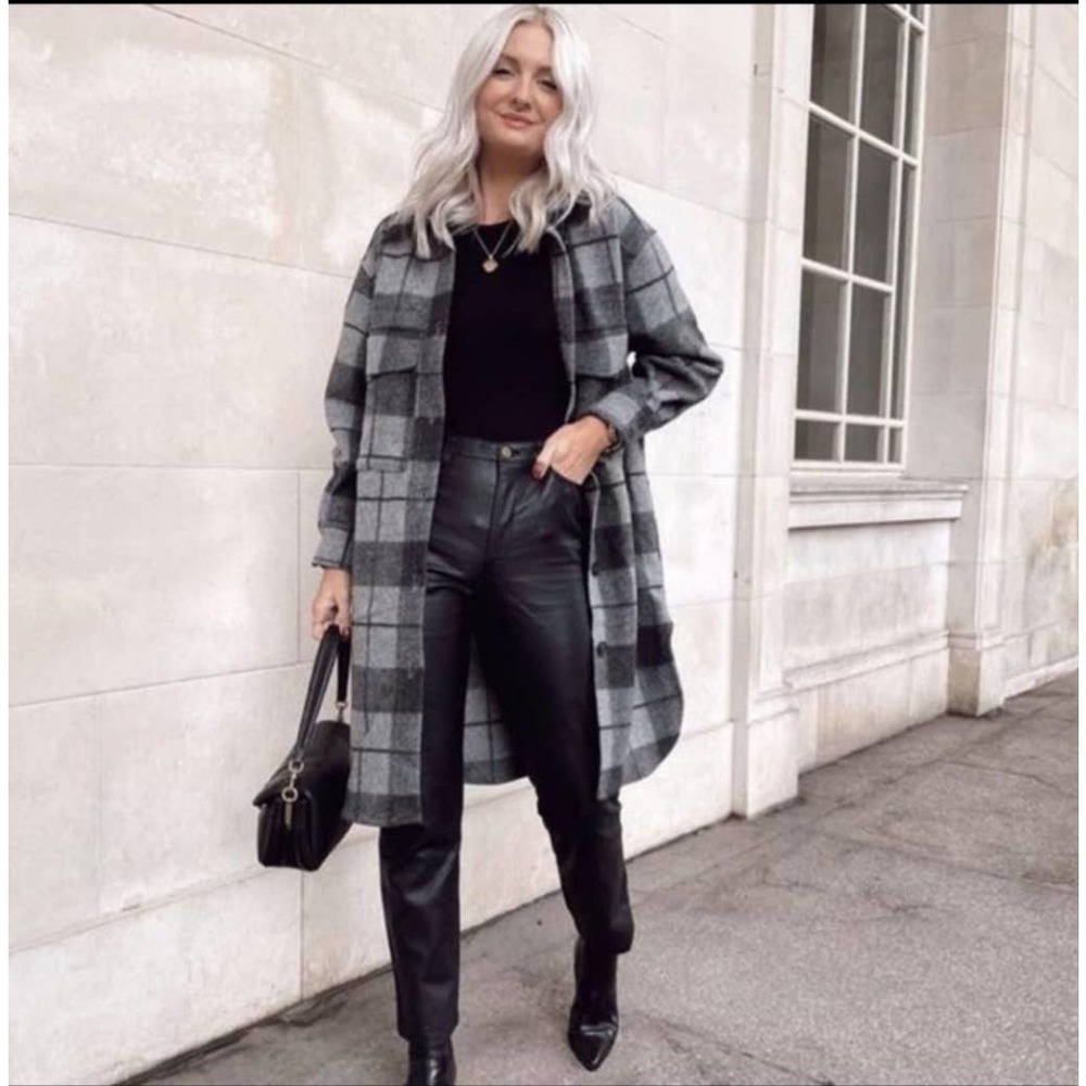 H&M Long Shirt Jacket Gray/Black Plaid Blogger Favorite Women's Sz.S